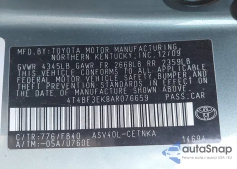 2010 Toyota Camry Le из США, поврежденный, VIN 4T4BF3EK8AR076659